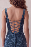 Marineblauw bedrukt Bodycon Square Neck Korte Cocktailjurk