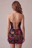 Bordeauxrode Bodycon fluwelen strapless bedrukte korte cocktailjurk
