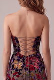 Bordeauxrode Bodycon fluwelen strapless bedrukte korte cocktailjurk