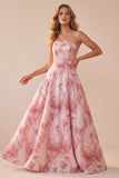 Roze A-lijn strapless pailletten maxi formele jurk met veter op de rug