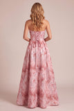 Roze A-lijn strapless pailletten maxi formele jurk met veter op de rug
