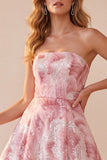 Roze A-lijn strapless pailletten maxi formele jurk met veter op de rug