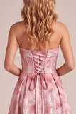 Roze A-lijn strapless pailletten maxi formele jurk met veter op de rug