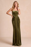 Olijfgroene korset fluwelen schede strapless gerimpelde maxi formele jurk