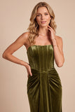 Olijfgroene korset fluwelen schede strapless gerimpelde maxi formele jurk