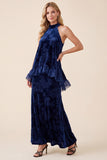 Marineblauwe A-lijn halter fluwelen maxi formele jurk met ruches