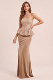 Khaki zeemeermin strapless fluwelen pailletten lange formele jurk met applicaties