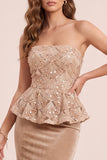 Khaki zeemeermin strapless fluwelen pailletten lange formele jurk met applicaties