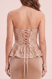 Khaki zeemeermin strapless fluwelen pailletten lange formele jurk met applicaties