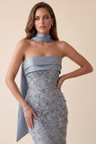 Grijsblauwe Bodycon strapless pailletten satijn maxi formele jurk met applicaties