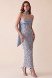 Grijsblauwe Bodycon strapless pailletten satijn maxi formele jurk met applicaties