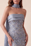 Grijsblauwe Bodycon strapless pailletten satijn maxi formele jurk met applicaties