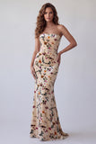 Champagnebedrukte fluwelen strapless zeemeermin Maxi formele jurk