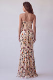 Champagnebedrukte fluwelen strapless zeemeermin Maxi formele jurk