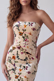 Champagnebedrukte fluwelen strapless zeemeermin Maxi formele jurk