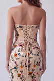 Champagnebedrukte fluwelen strapless zeemeermin Maxi formele jurk