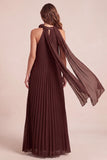 Chocolates A-lijn halter chiffon geplooide maxi formele jurk met 3D bloem