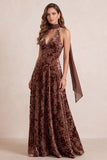 Chocolates A-lijn fluwelen halter bloemen V-hals Maxi formele jurk met chiffon sjerp