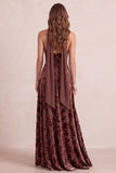 Chocolates A-lijn fluwelen halter bloemen V-hals Maxi formele jurk met chiffon sjerp
