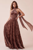 Chocolade korset fluwelen halter A-lijn maxi formele jurk met chiffon sjerp