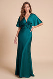 Peacock Green Sheath V-hals Flutter Mouwen Satijn Maxi Formele Jurk met 3D Bloem