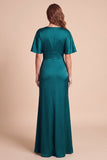 Peacock Green Sheath V-hals Flutter Mouwen Satijn Maxi Formele Jurk met 3D Bloem