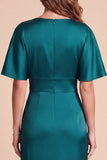 Peacock Green Sheath V-hals Flutter Mouwen Satijn Maxi Formele Jurk met 3D Bloem