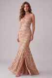 Champagne Zeemeermin strapless geappliqueerde lange formele jurk met zijsplit
