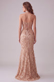 Champagne Zeemeermin strapless geappliqueerde lange formele jurk met zijsplit