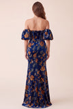 Donkerblauwe fluwelen korset met zeemeerminprint strapless maxi formele jurk met afneembare pofmouwen