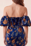 Donkerblauwe fluwelen korset met zeemeerminprint strapless maxi formele jurk met afneembare pofmouwen