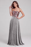 Grijze A-lijn strapless fluwelen pailletten maxi formele jurk met veter op de rug