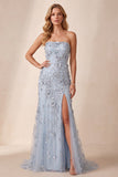 Stoffig blauwe schede pailletten strapless zijsplit lange formele jurk met 3D-bloem