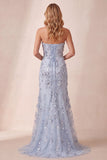 Stoffig blauwe schede pailletten strapless zijsplit lange formele jurk met 3D-bloem