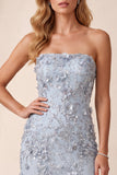 Stoffig blauwe schede pailletten strapless zijsplit lange formele jurk met 3D-bloem