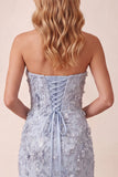 Stoffig blauwe schede pailletten strapless zijsplit lange formele jurk met 3D-bloem