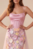 Roze korset Zeemeermin Cowl Neck Bloemenapplicaties Satijn Maxi Formele jurk met split