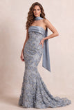 Stoffige blauwe zeemeermin strapless franje, sweep sleep formele jurk