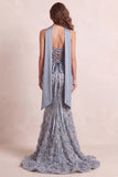Stoffige blauwe zeemeermin strapless franje, sweep sleep formele jurk