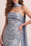 Stoffige blauwe zeemeermin strapless franje, sweep sleep formele jurk