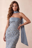 Stoffige blauwe zeemeermin strapless franje, sweep sleep formele jurk