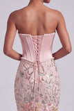 Roze korset Zeemeermin strapless satijnen pailletten geborduurde galajurk met parels