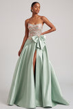 Groene korset A-lijn strapless satijn appliques galajurk met strik en split
