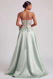 Groene korset A-lijn strapless satijn appliques galajurk met strik en split