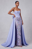 Lavendelkleurig korset zeemeermin strapless satijnen parels pailletten borduurde galajurk met strik