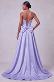 Lavendelkleurig korset zeemeermin strapless satijnen parels pailletten borduurde galajurk met strik