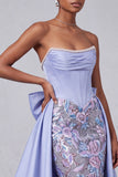 Lavendelkleurig korset zeemeermin strapless satijnen parels pailletten borduurde galajurk met strik