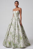 Saliegroen korset baljurk strapless jacquard lange galajurk met parels