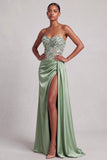 Groene korset strapless satijnen pailletten lange galajurk met zijsplit