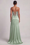 Groene korset strapless satijnen pailletten lange galajurk met zijsplit